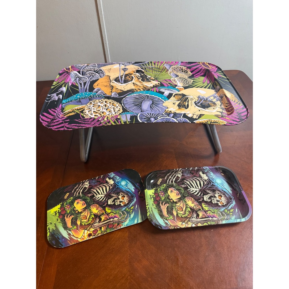 Cool Caddy TV Tray Set Psychedelic Mushroom Skull Reaper Neon Metal w/ lid